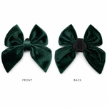 Green velvet dog bow in holiday pine color showing front and back on a white background