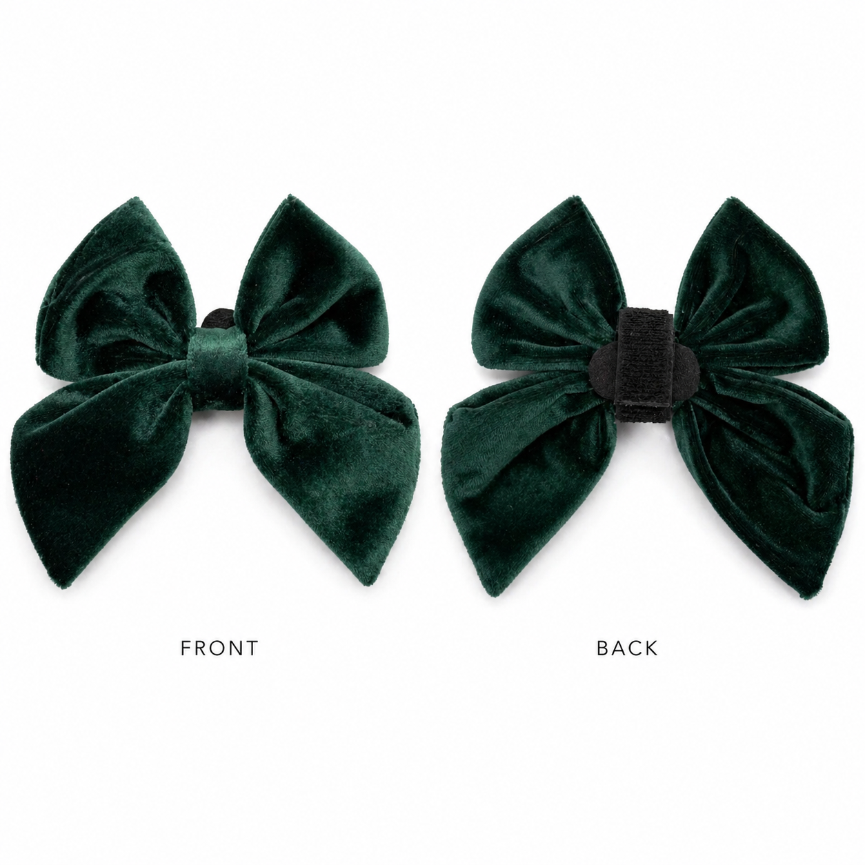 Green velvet dog bow in holiday pine color showing front and back on a white background
