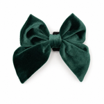Green velvet dog bow in holiday pine color on a white background