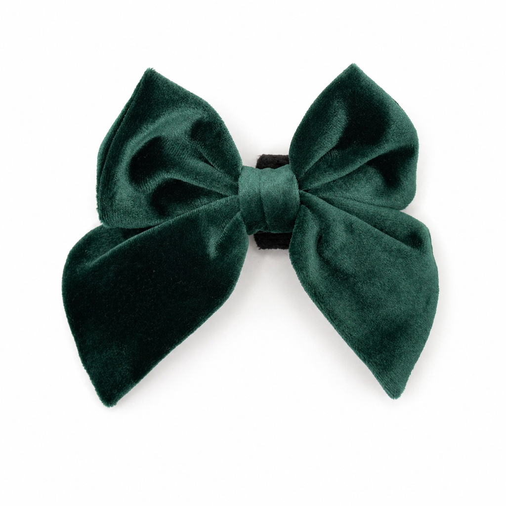 Green velvet dog bow in holiday pine color on a white background