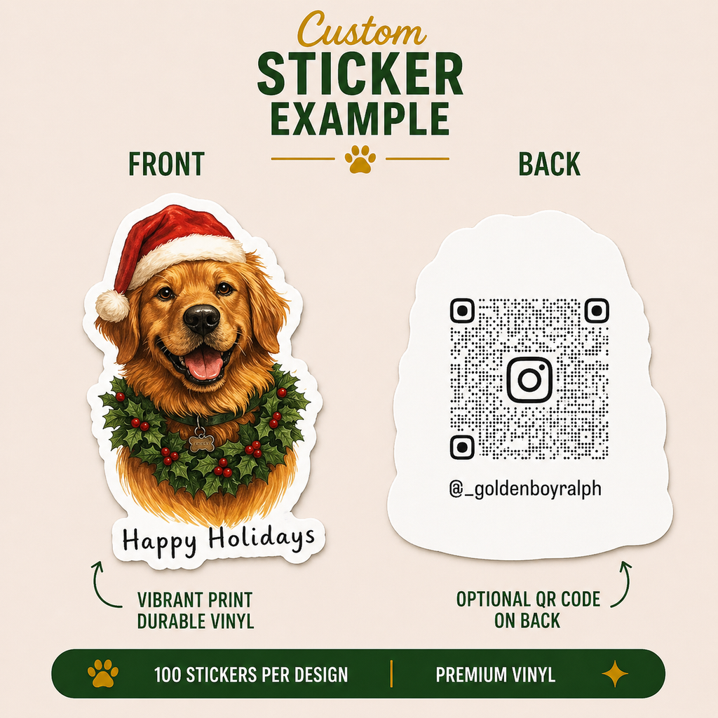Die-cut holiday vinyl sticker featuring a smiling golden retriever wearing a Santa hat and festive holly wreath with “Happy Holidays” text.