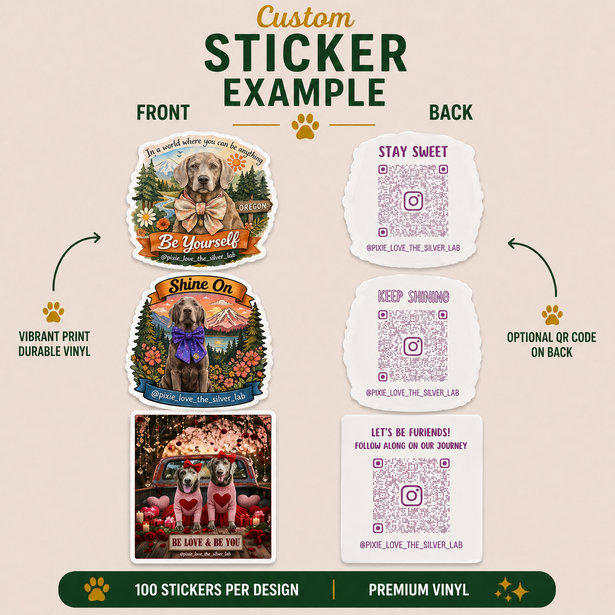 Motivational dog sticker set featuring silver Labradors, colorful mountain landscapes, flowers, positive affirmations, and vintage-inspired artwork.