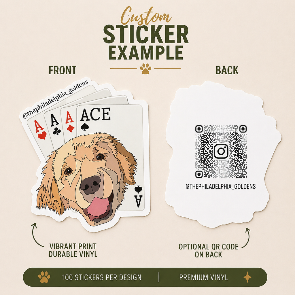 Die-cut vinyl sticker featuring a golden retriever illustrated with aces playing cards in a retro-inspired poker and casino themed design.