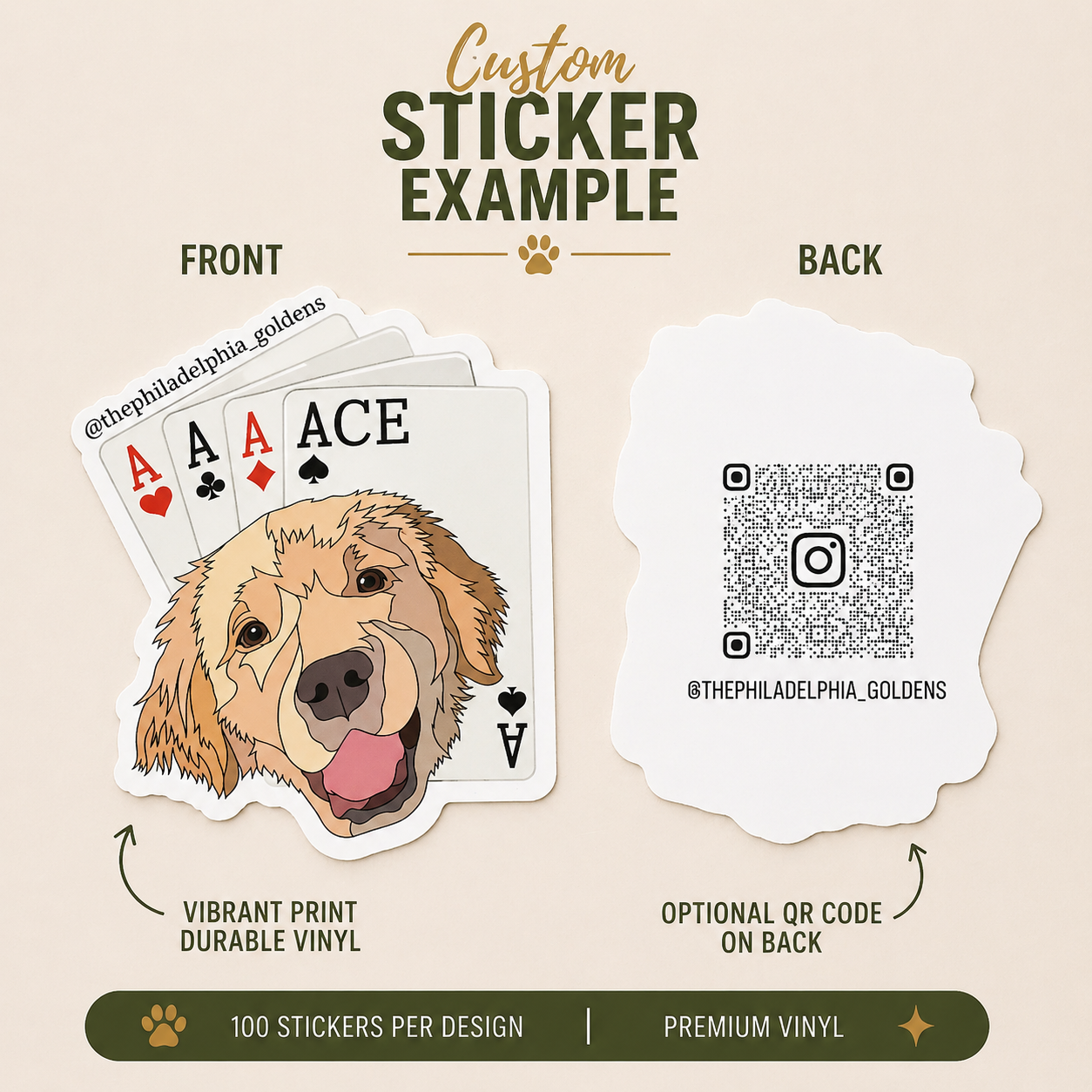 Die-cut vinyl sticker featuring a golden retriever illustrated with aces playing cards in a retro-inspired poker and casino themed design.