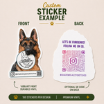 Custom German Shepherd vinyl sticker featuring realistic dog artwork, pet sketch branding, Instagram marketing QR code, and creator business design.
