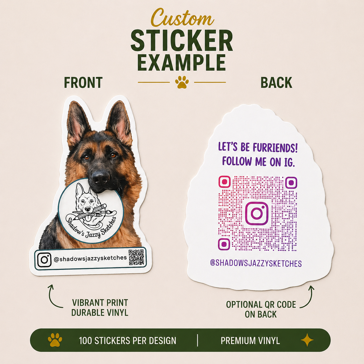 Custom German Shepherd vinyl sticker featuring realistic dog artwork, pet sketch branding, Instagram marketing QR code, and creator business design.