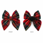 Red and green plaid dog bow showing front and back on a white background