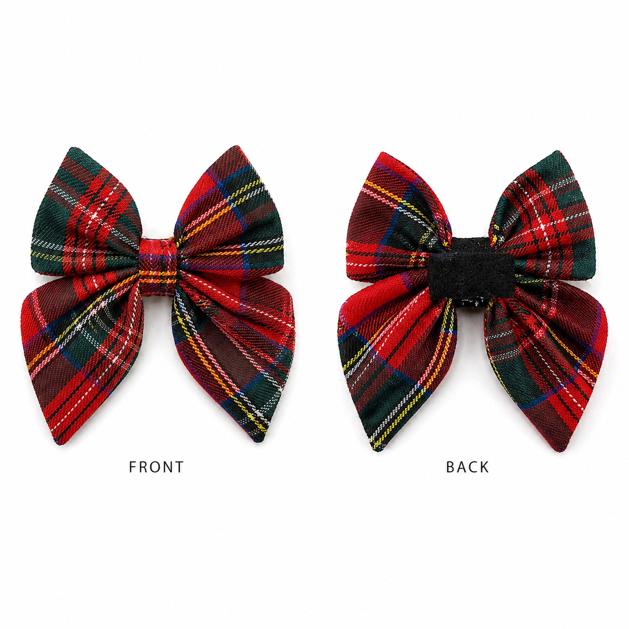Red and green plaid dog bow showing front and back on a white background