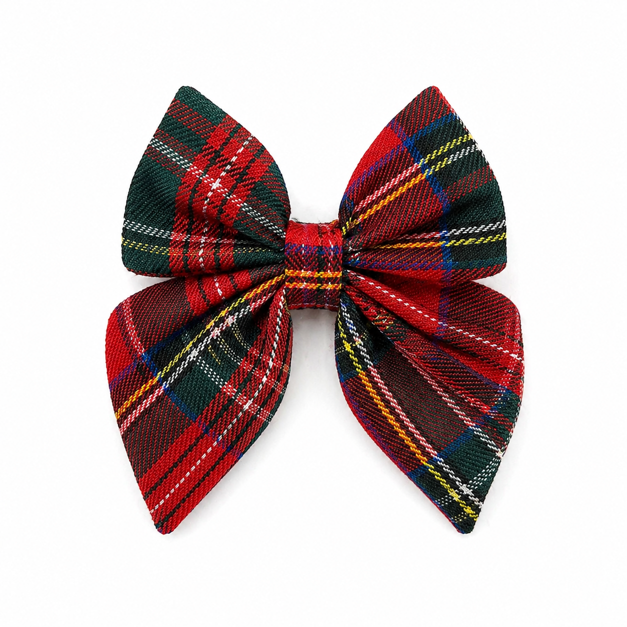 Red and green plaid dog bow on a white background