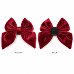 Red velvet dog bow in cranberry crush color showing front and back on a white background