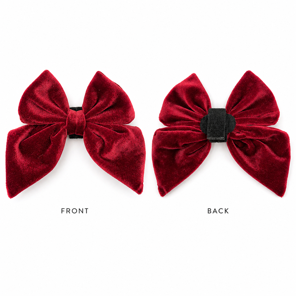 Red velvet dog bow in cranberry crush color showing front and back on a white background