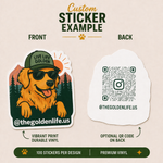 Die-cut golden retriever vinyl sticker with hiking and mountain artwork, sunglasses, pine trees, and retro national park inspired design.