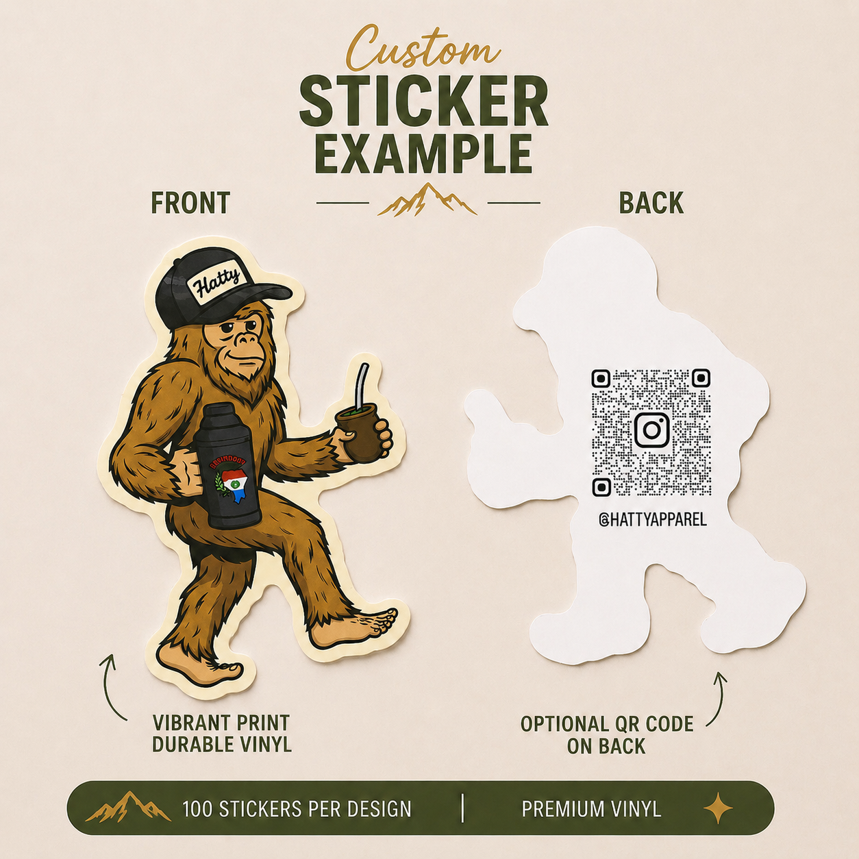 Die-cut vinyl sticker featuring a retro-style Bigfoot character wearing a hat and holding coffee while walking through an outdoor adventure themed design.