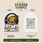 Golden retriever astronaut vinyl sticker with retro space illustration, cartoon dog artwork, planets, and cosmic adventure theme.