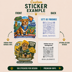 Custom sports-themed dog vinyl sticker examples featuring football fan pet artwork, Florida Gators and Green Bay-inspired designs, illustrated dogs in team apparel, Instagram QR codes, and front-and-back branding stickers.