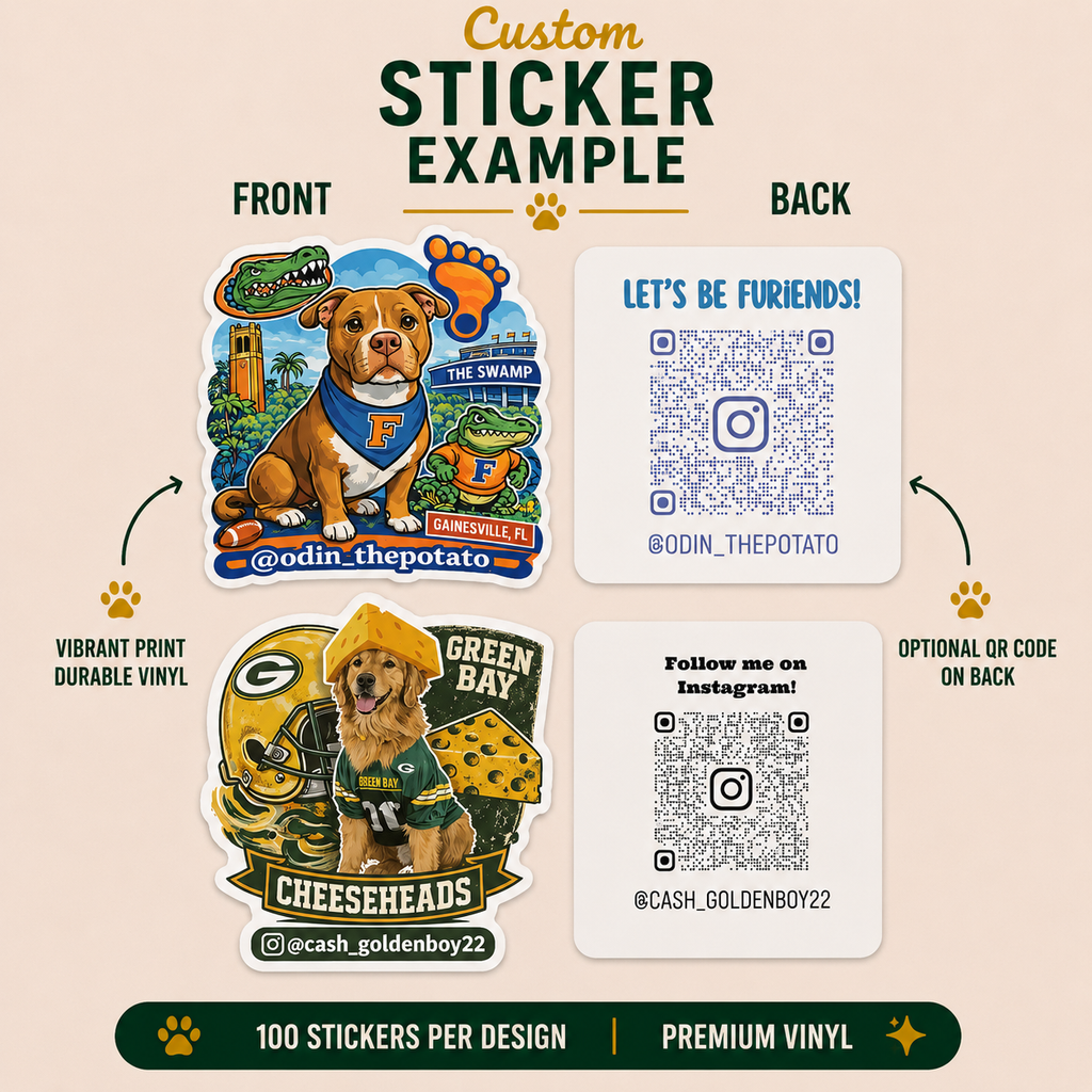 Custom sports-themed dog vinyl sticker examples featuring football fan pet artwork, Florida Gators and Green Bay-inspired designs, illustrated dogs in team apparel, Instagram QR codes, and front-and-back branding stickers.