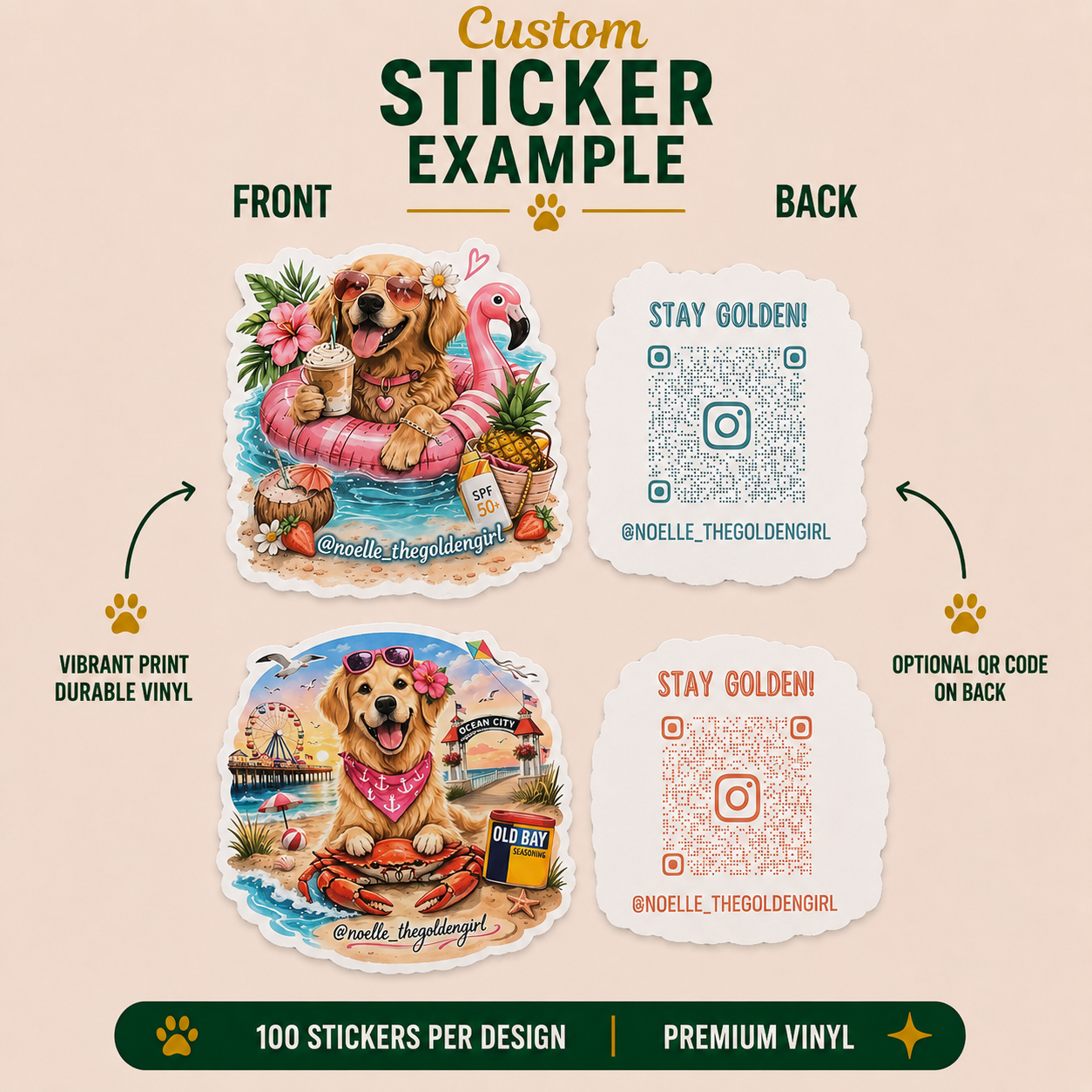 Summer-themed golden retriever vinyl sticker examples featuring beach artwork, tropical pool float designs, ocean boardwalk illustrations, Instagram QR codes, and custom front-and-back pet branding stickers.
