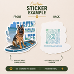 Die-cut vinyl sticker featuring a German Shepherd sitting on a paddle board at the beach with retro “Surfin’ Through Life” typography and coastal adventure aesthetic.