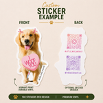 Cute Valentine’s Day vinyl sticker featuring a golden retriever with pink bows holding a heart that says “I Woof You” in a playful pink aesthetic.