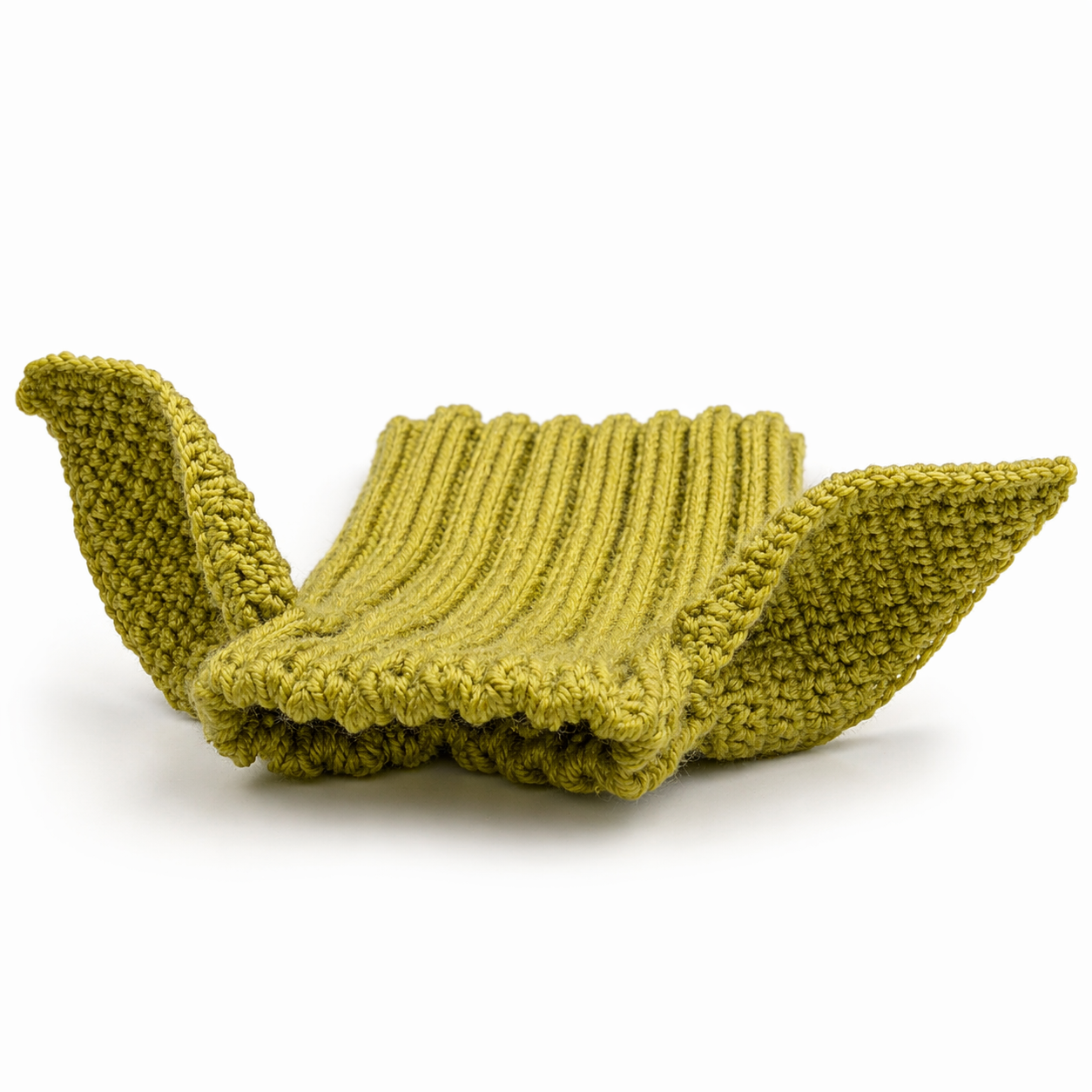 Yoda-inspired knit dog snood with ears, soft stretch material and comfortable fit for small to large dogs