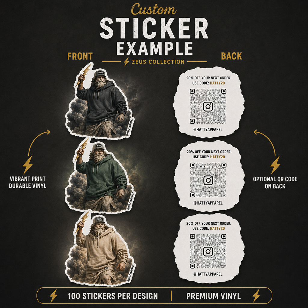 Greek mythology inspired vinyl stickers featuring Zeus aesthetic artwork, storm clouds, lightning effects, streetwear fashion styling, and durable die-cut vinyl.